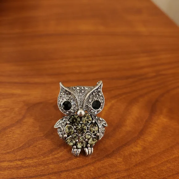 Silver Owl Heavy Metal Enamel Ring with Black and Green & Silver Rhinestones - Picture 2 of 4